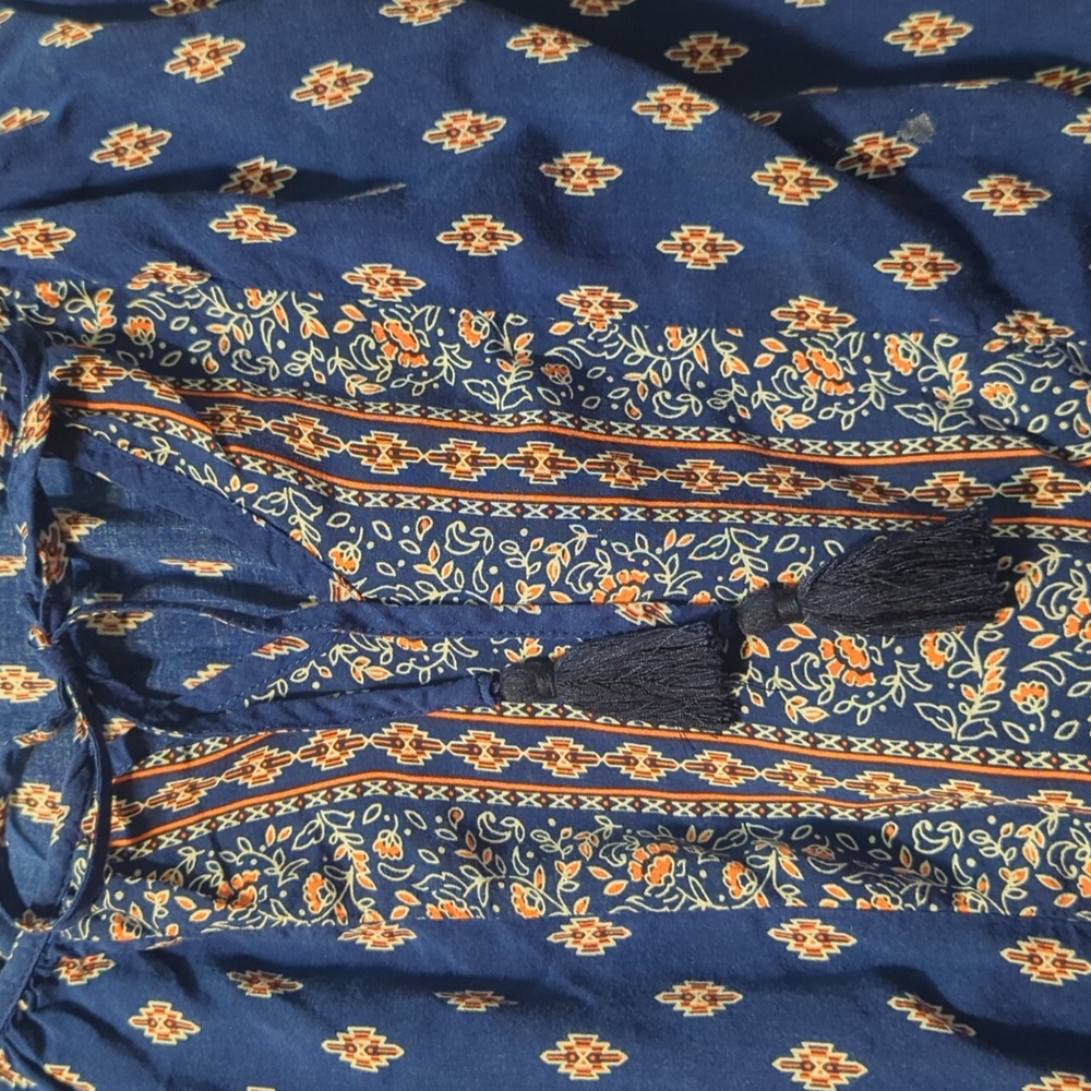 Faded Glory Blue Boho Peasant Blouse XXL 20 Geometric Floral Tassel Rayon 622 - Picture 4 of 4